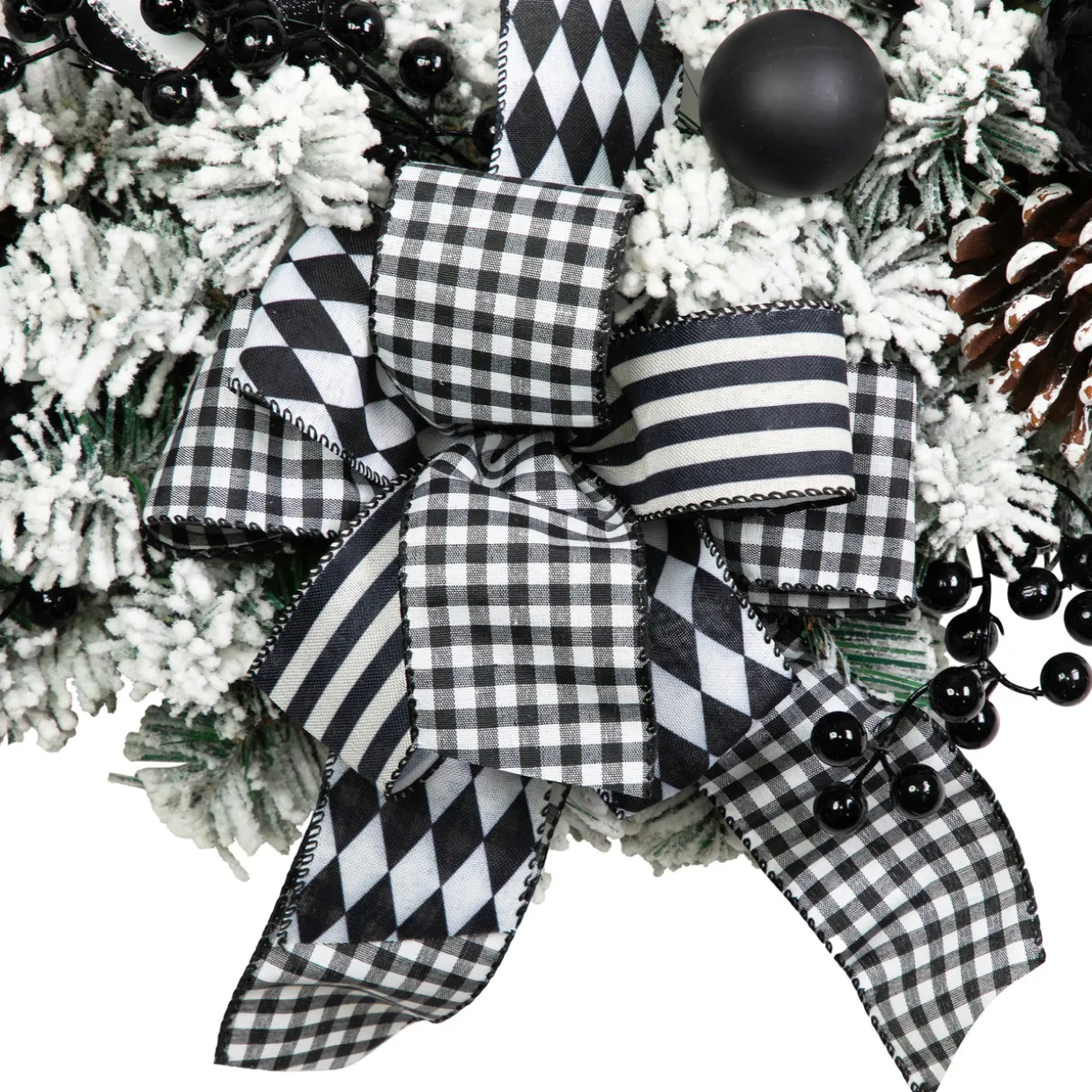 Flocked Pine with Harlequin Bows and Ornaments Christmas Wreath - 24" - Unlit