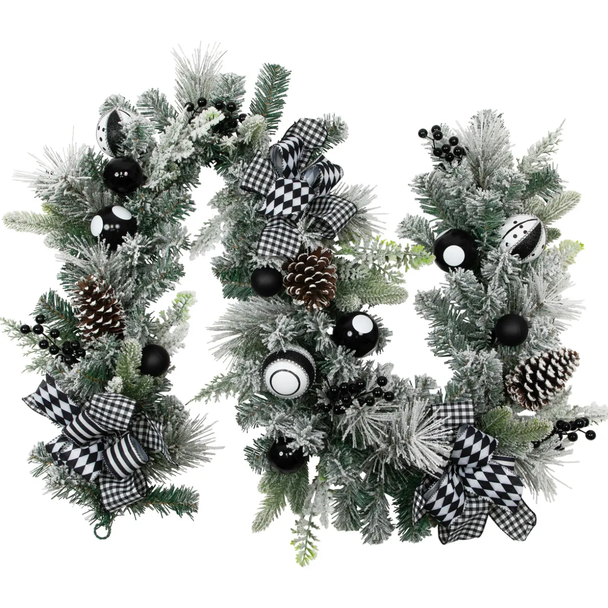 Flocked Pine with Harlequin Ornaments and Bows Artificial Christmas Garland - 6' x 8" - Unlit