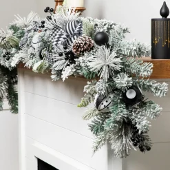 Flocked Pine with Harlequin Ornaments and Bows Artificial Christmas Garland - 6' x 8