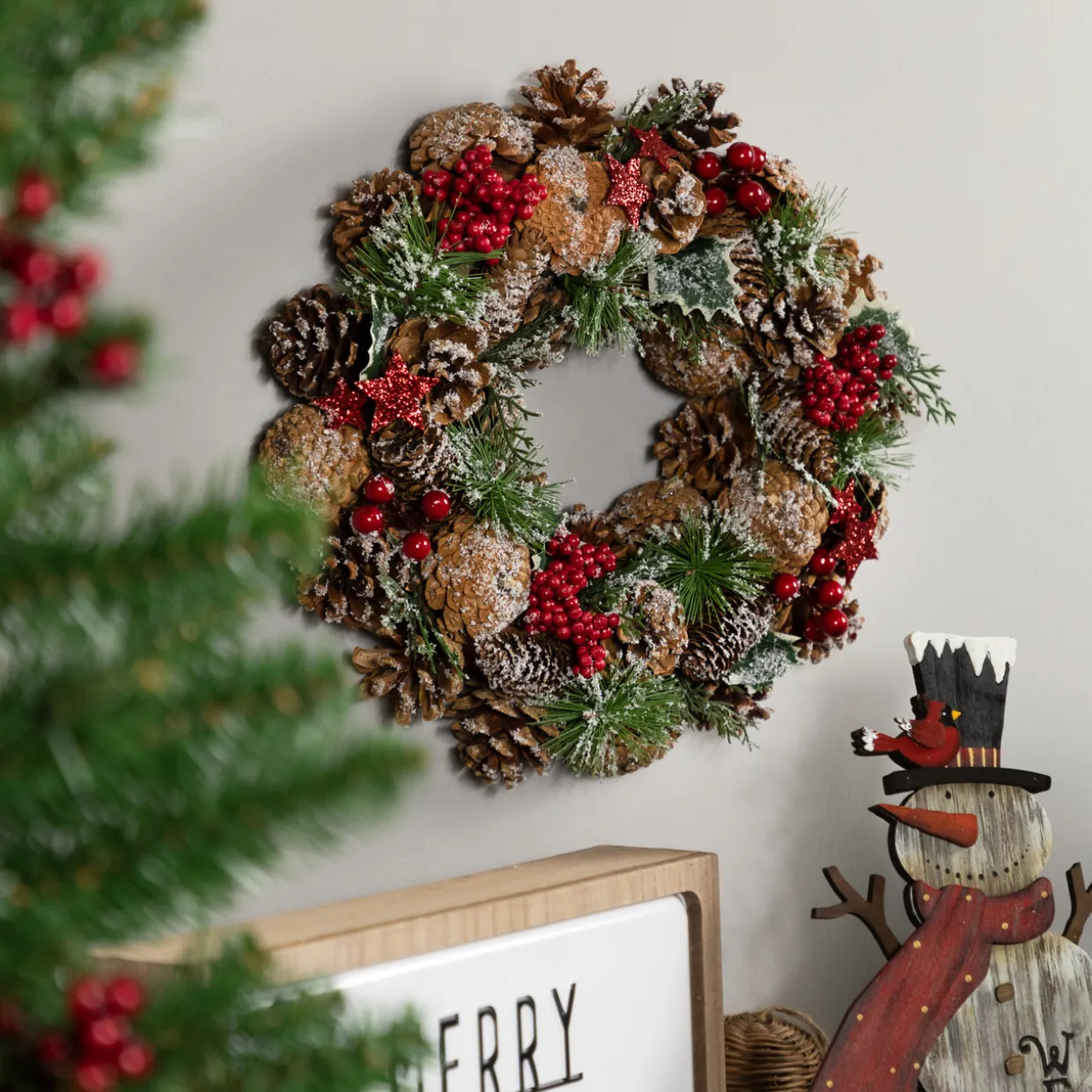 Flocked Pinecones and Glittered Stars Christmas Wreath - 13.25" - Unlit