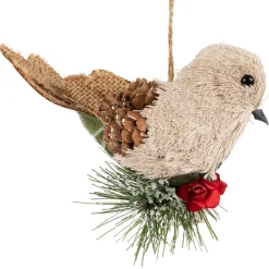 Front Facing Bird on Frosted Pine Needle Christmas Ornament - 6.75"