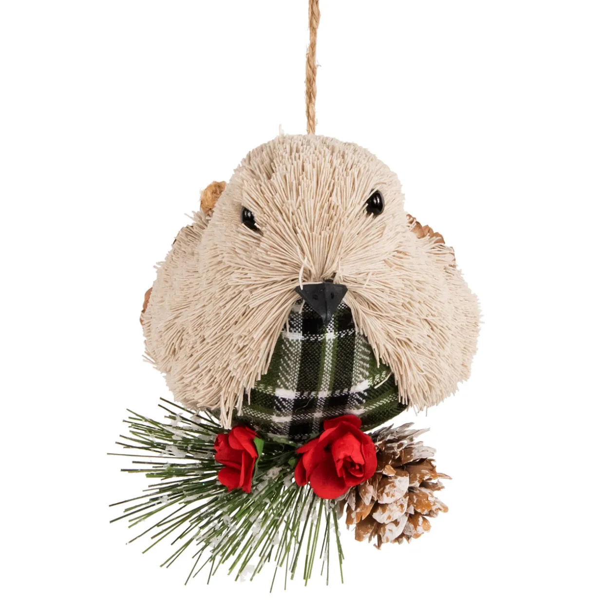 Front Facing Bird on Frosted Pine Needle Christmas Ornament - 6.75"