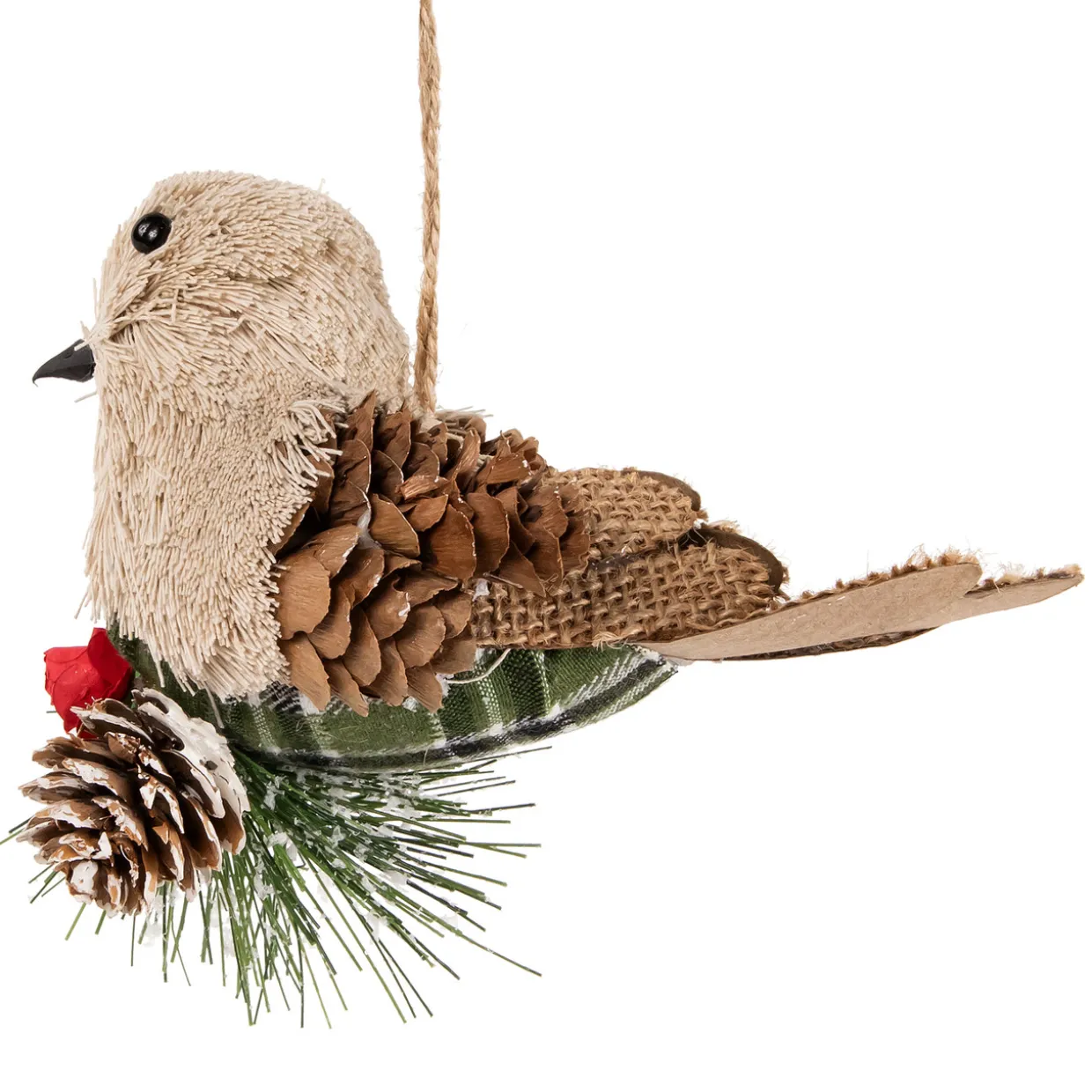 Front Facing Bird on Frosted Pine Needle Christmas Ornament - 6.75"