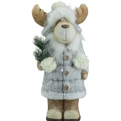 Frosted Ceramic Moose in Winter Coat Holding Pine Sprigs Christmas Figure - 18"