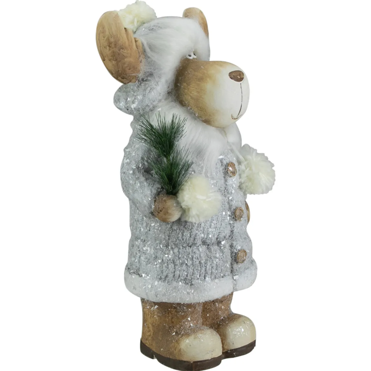 Frosted Ceramic Moose in Winter Coat Holding Pine Sprigs Christmas Figure - 18"