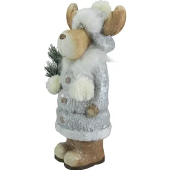 Frosted Ceramic Moose in Winter Coat Holding Pine Sprigs Christmas Figure - 18