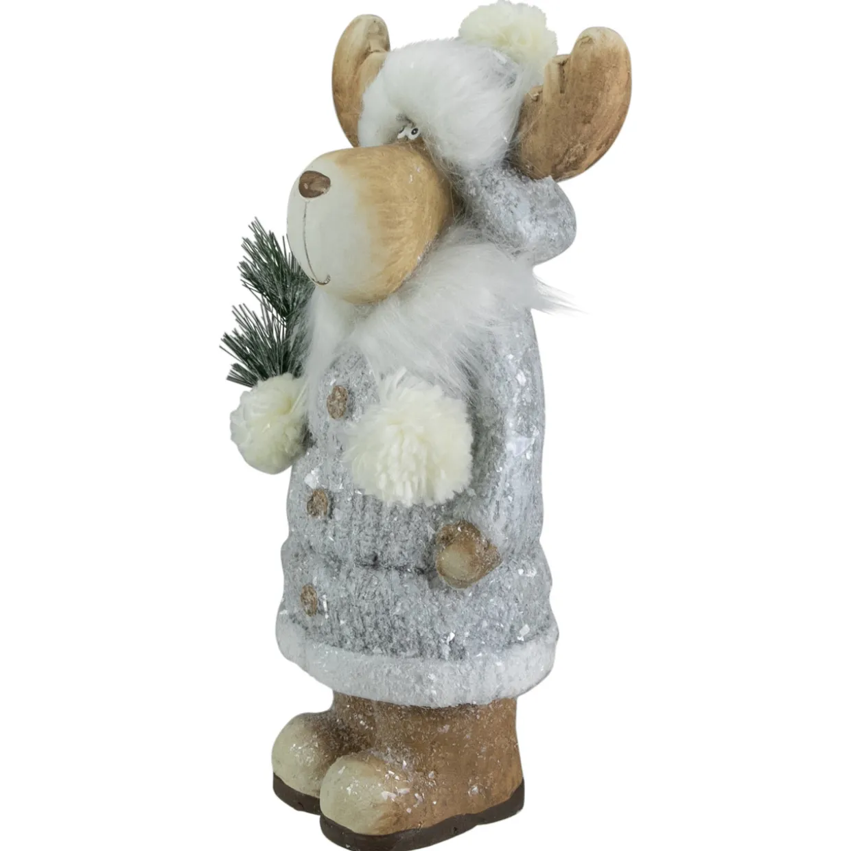 Frosted Ceramic Moose in Winter Coat Holding Pine Sprigs Christmas Figure - 18"