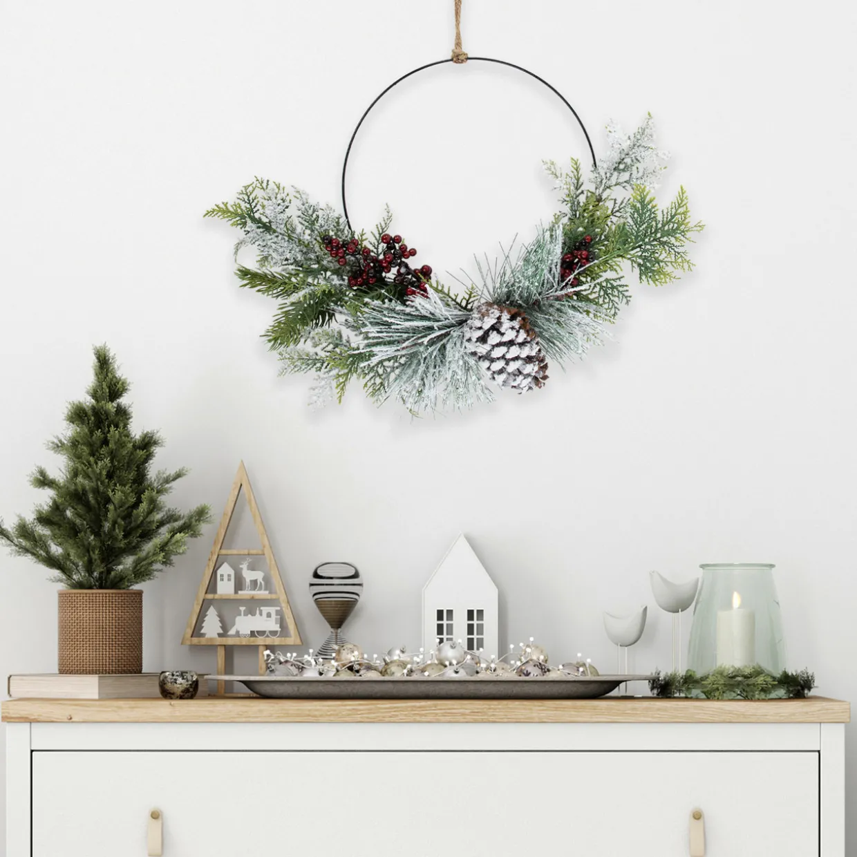 Frosted Mixed Foliage with Berries and Pinecone Artificial Christmas Wreath, 16-Inch, Unlit