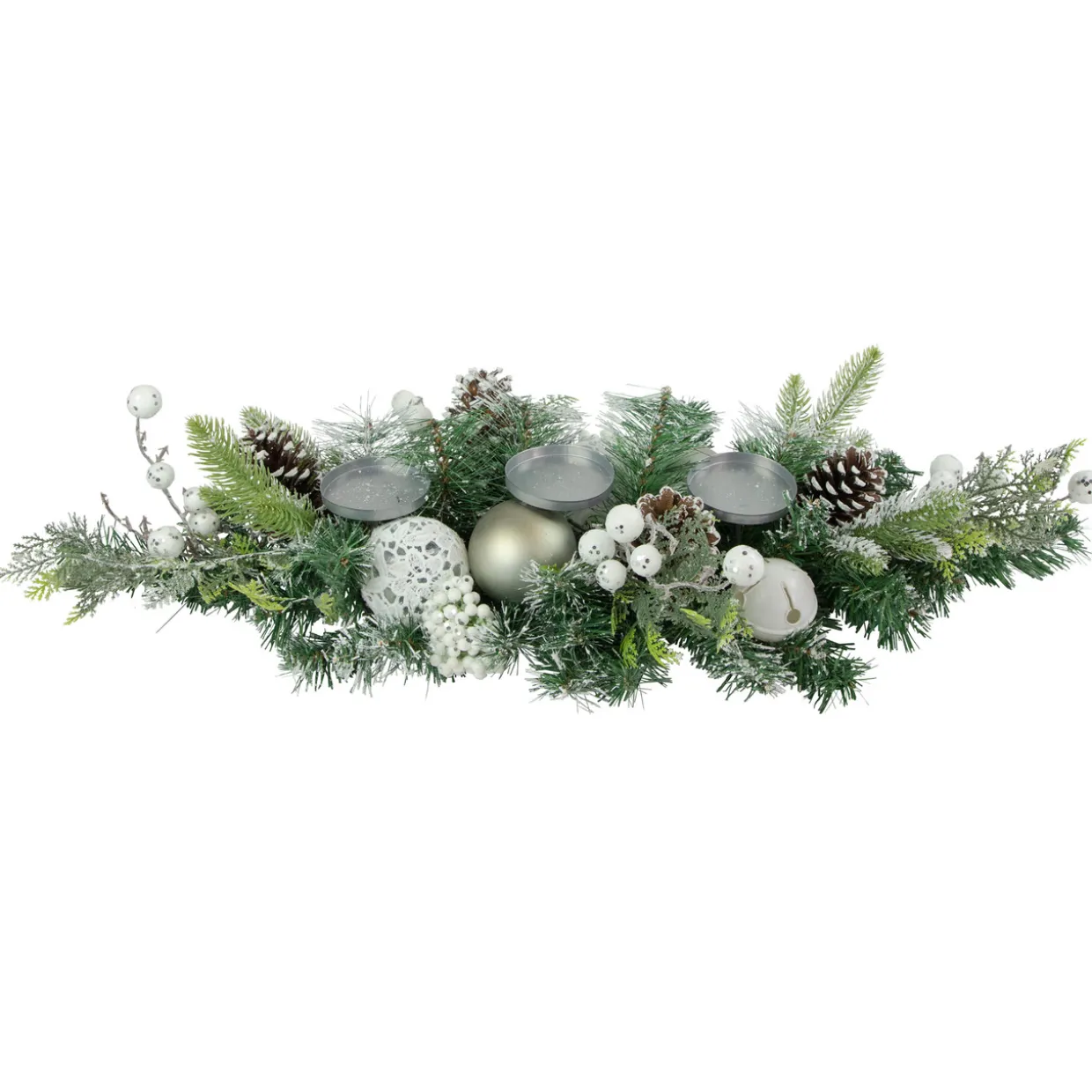 Frosted Pine and Pinecones with Laced Ornaments Christmas Triple Candle Holder - 32"
