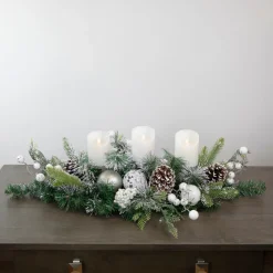 Frosted Pine and Pinecones with Laced Ornaments Christmas Triple Candle Holder - 32"