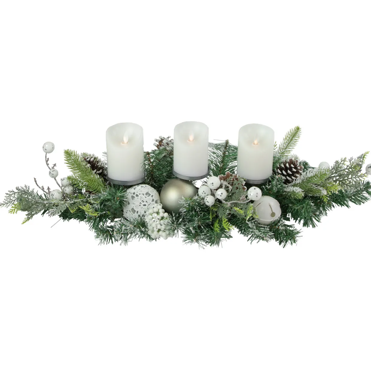 Frosted Pine and Pinecones with Laced Ornaments Christmas Triple Candle Holder - 32"