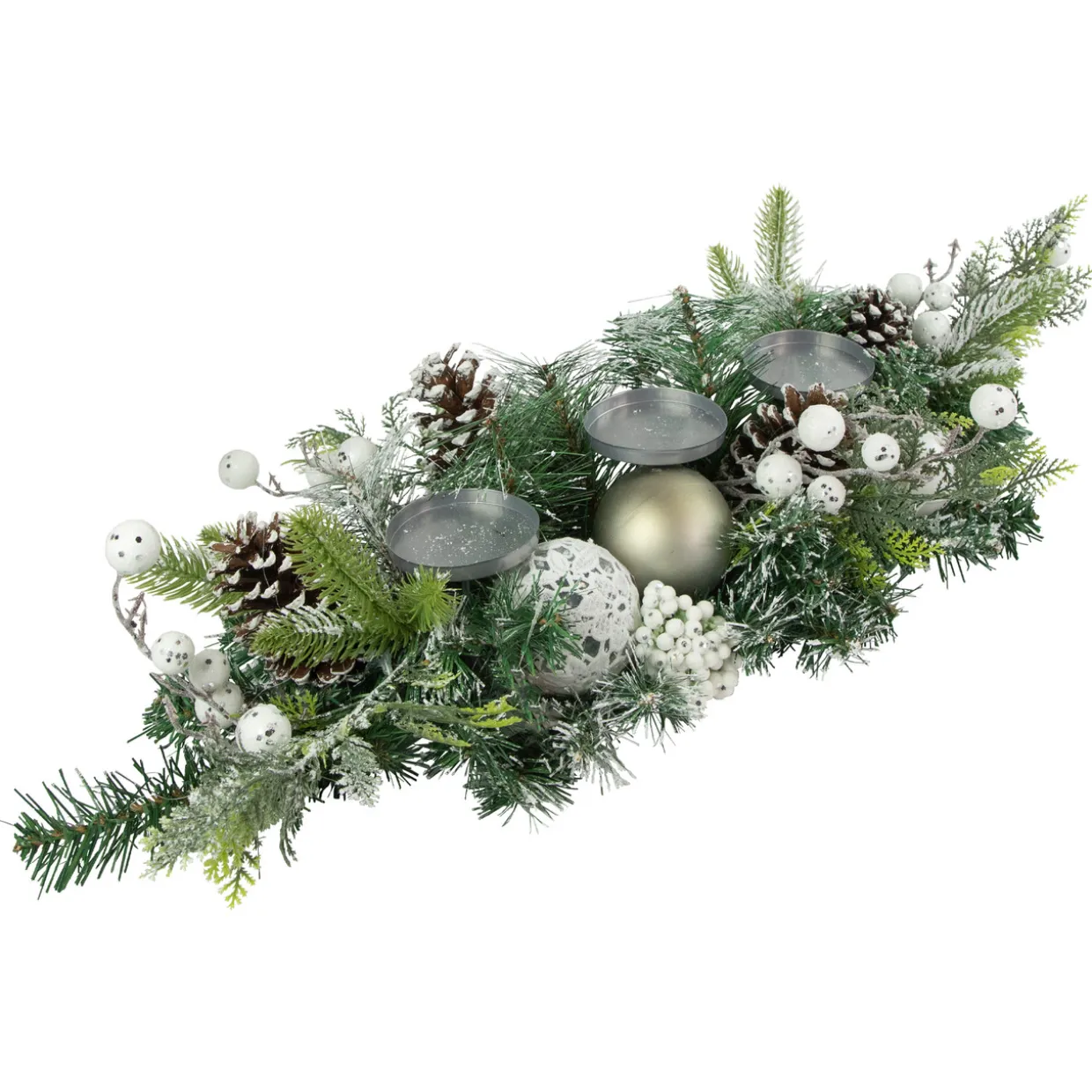 Frosted Pine and Pinecones with Laced Ornaments Christmas Triple Candle Holder - 32"
