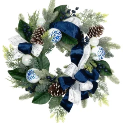 Frosted Pine with Blueberries, Bows and Ornaments Christmas Wreath - 24" - Unlit