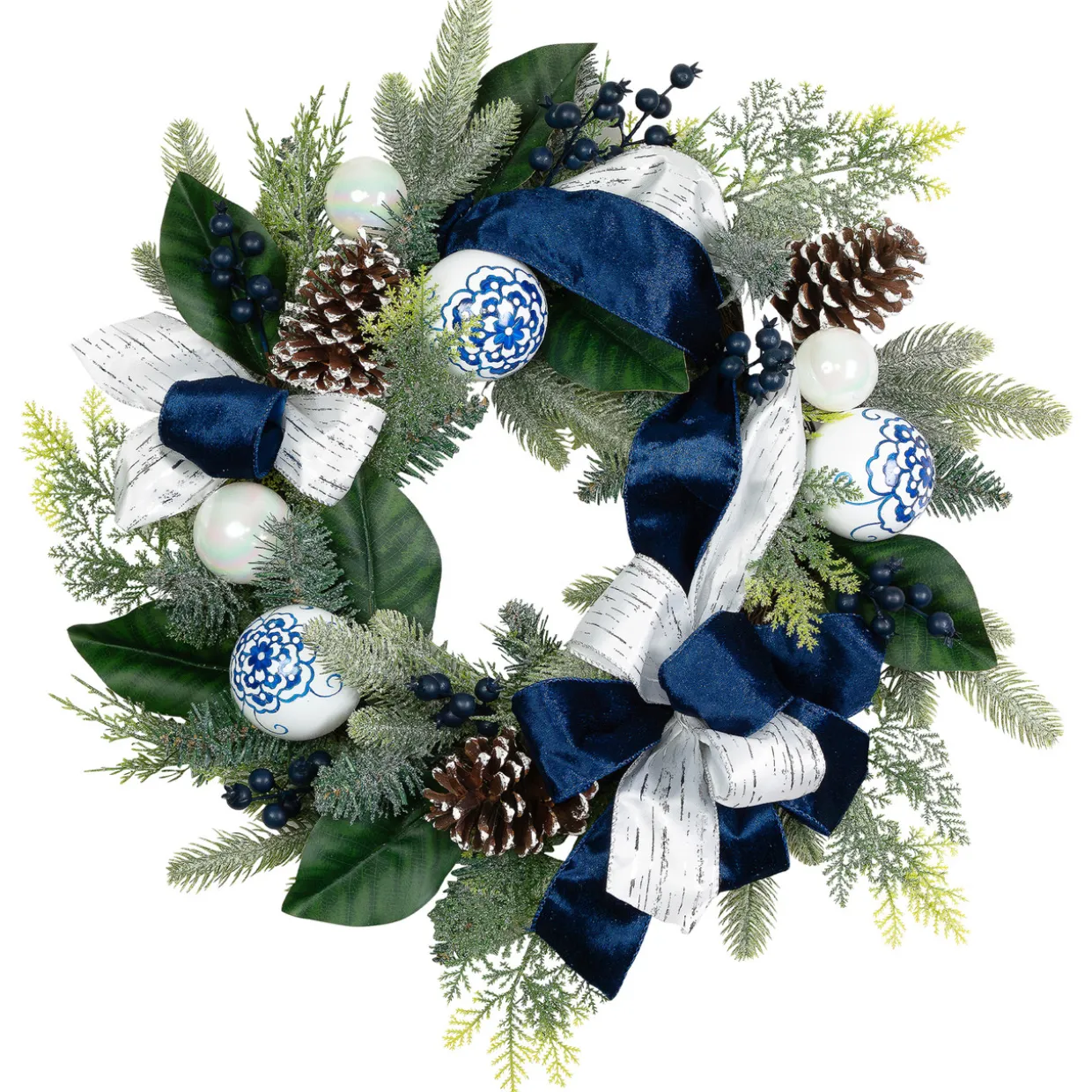 Frosted Pine with Blueberries, Bows and Ornaments Christmas Wreath - 24" - Unlit