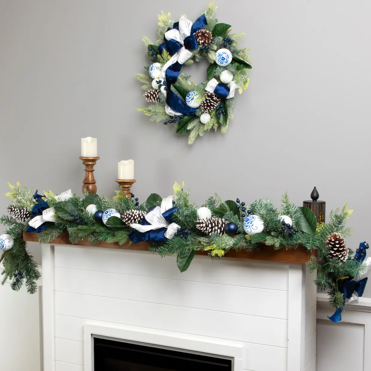Frosted Pine with Blueberries, Bows and Ornaments Christmas Wreath - 24" - Unlit