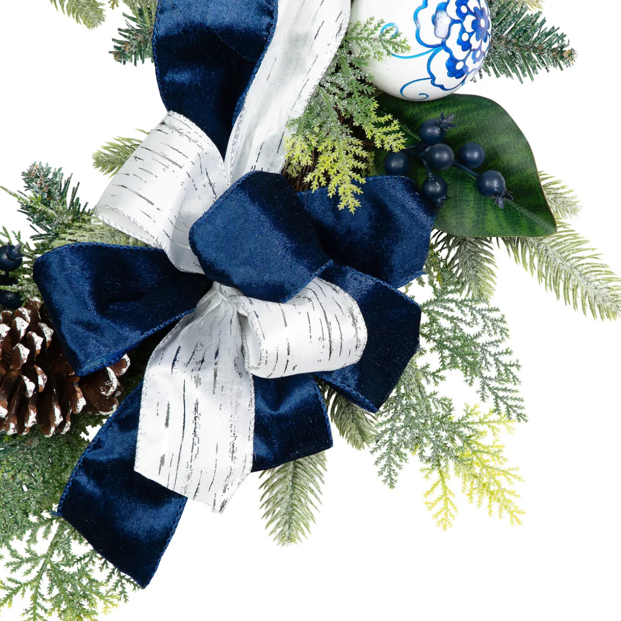 Frosted Pine with Blueberries, Bows and Ornaments Christmas Wreath - 24" - Unlit