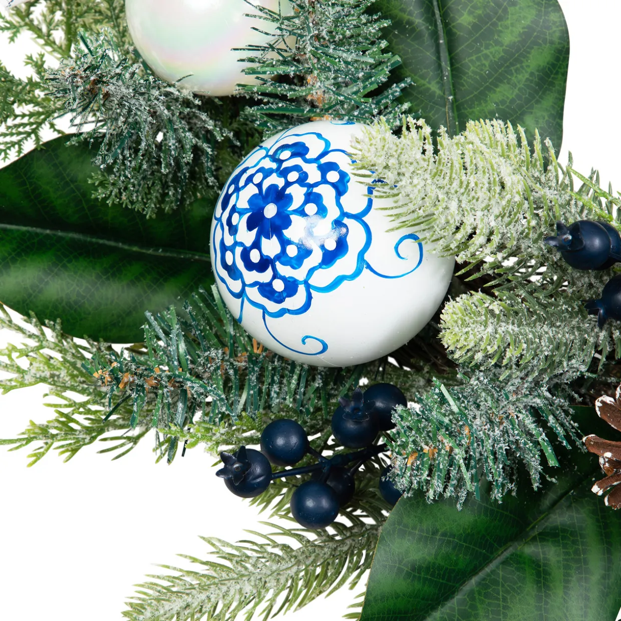 Frosted Pine with Blueberries, Bows and Ornaments Christmas Wreath - 24" - Unlit