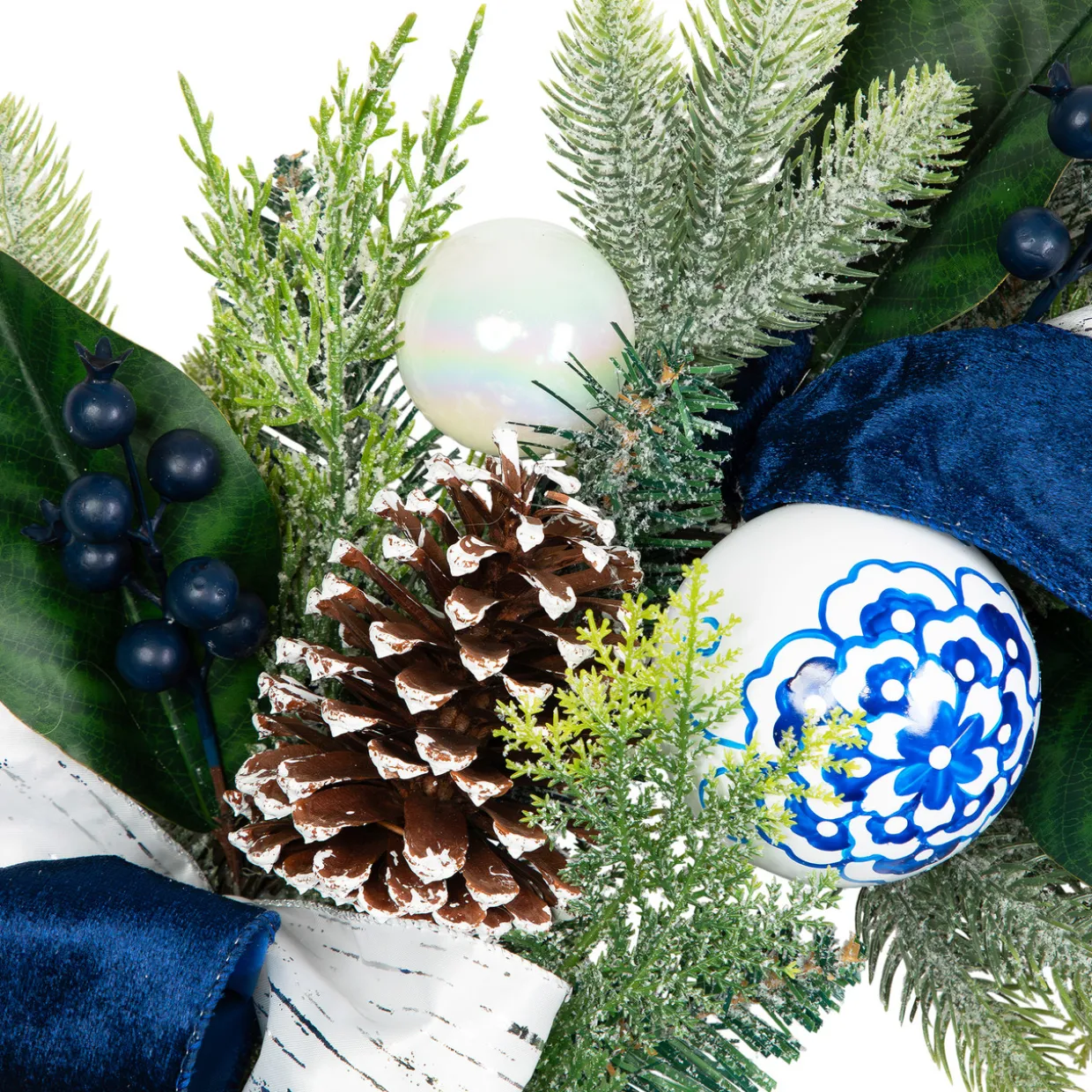 Frosted Pine with Blueberries, Bows and Ornaments Christmas Wreath - 24" - Unlit