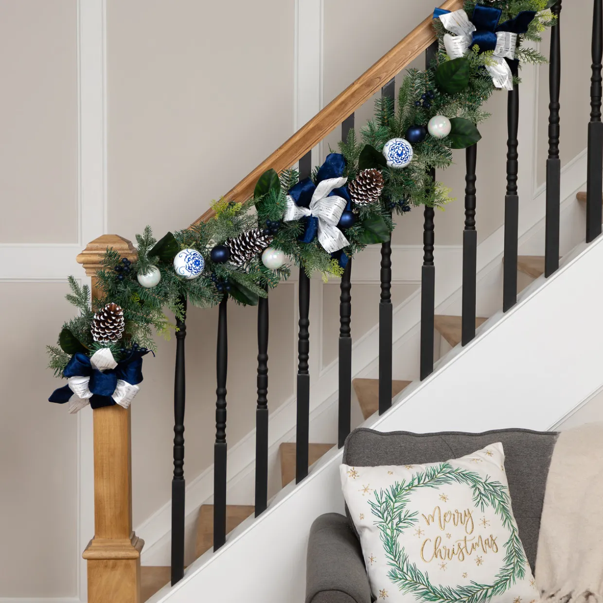 Frosted Pine with Blueberries, Bows and Ornaments Christmas Garland - 6' x 8" - Unlit
