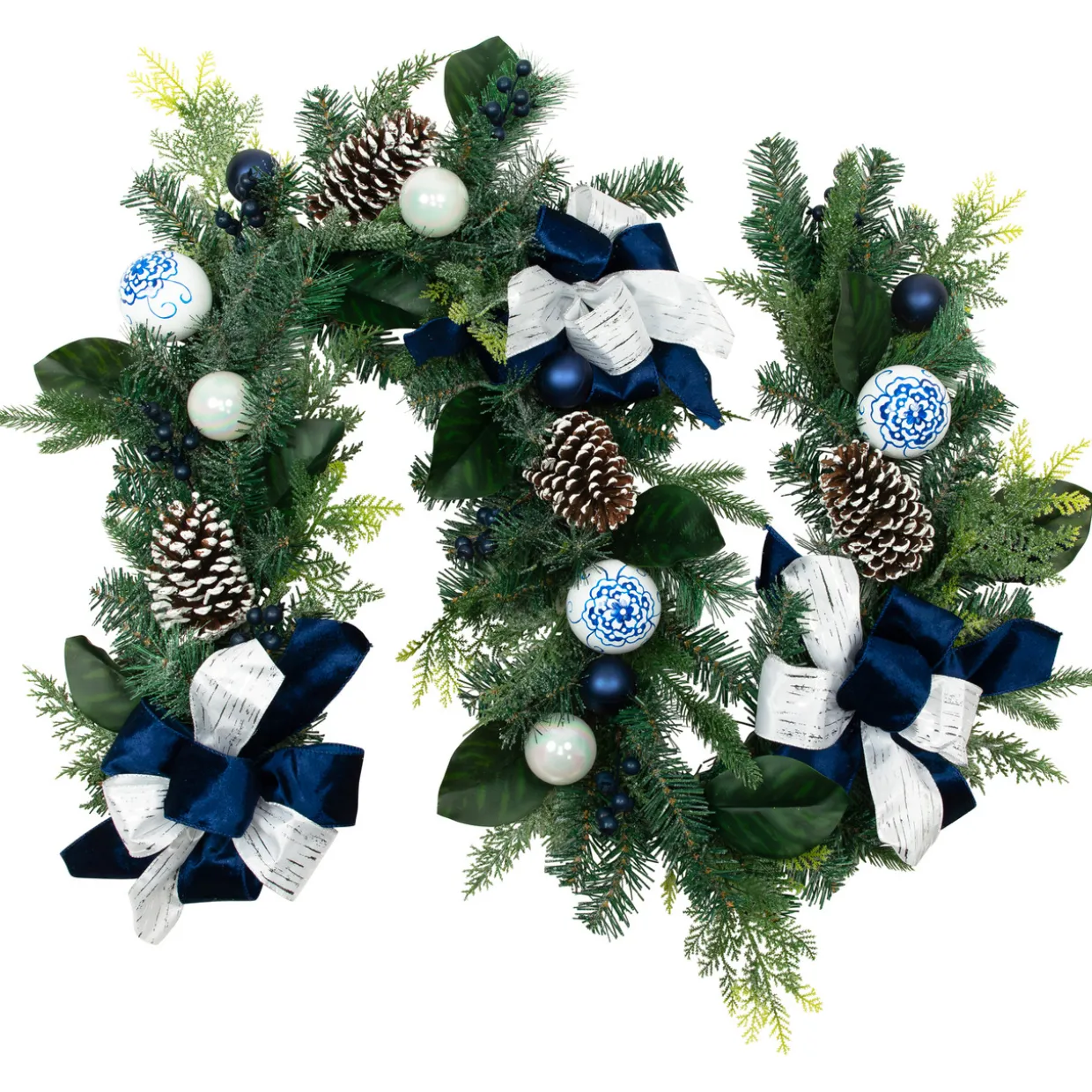 Frosted Pine with Blueberries, Bows and Ornaments Christmas Garland - 6' x 8" - Unlit