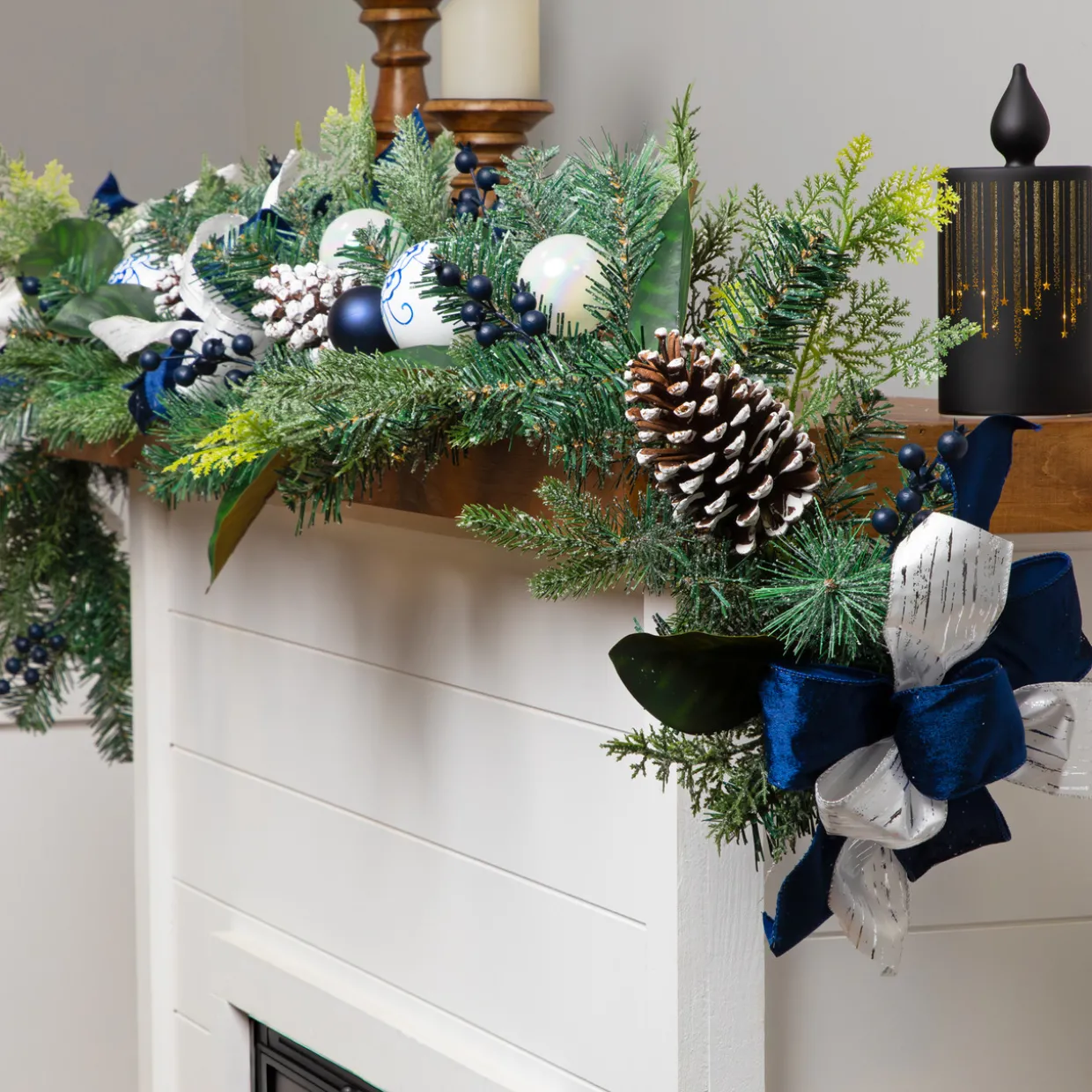 Frosted Pine with Blueberries, Bows and Ornaments Christmas Garland - 6' x 8" - Unlit