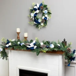 Frosted Pine with Blueberries, Bows and Ornaments Christmas Garland - 6' x 8