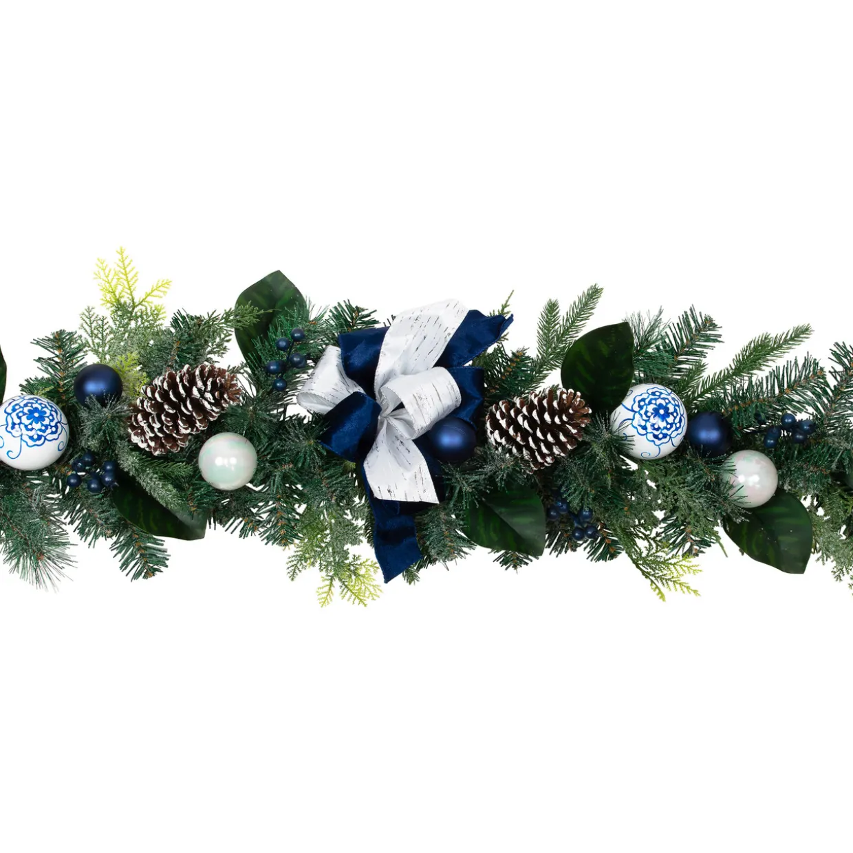 Frosted Pine with Blueberries, Bows and Ornaments Christmas Garland - 6' x 8" - Unlit