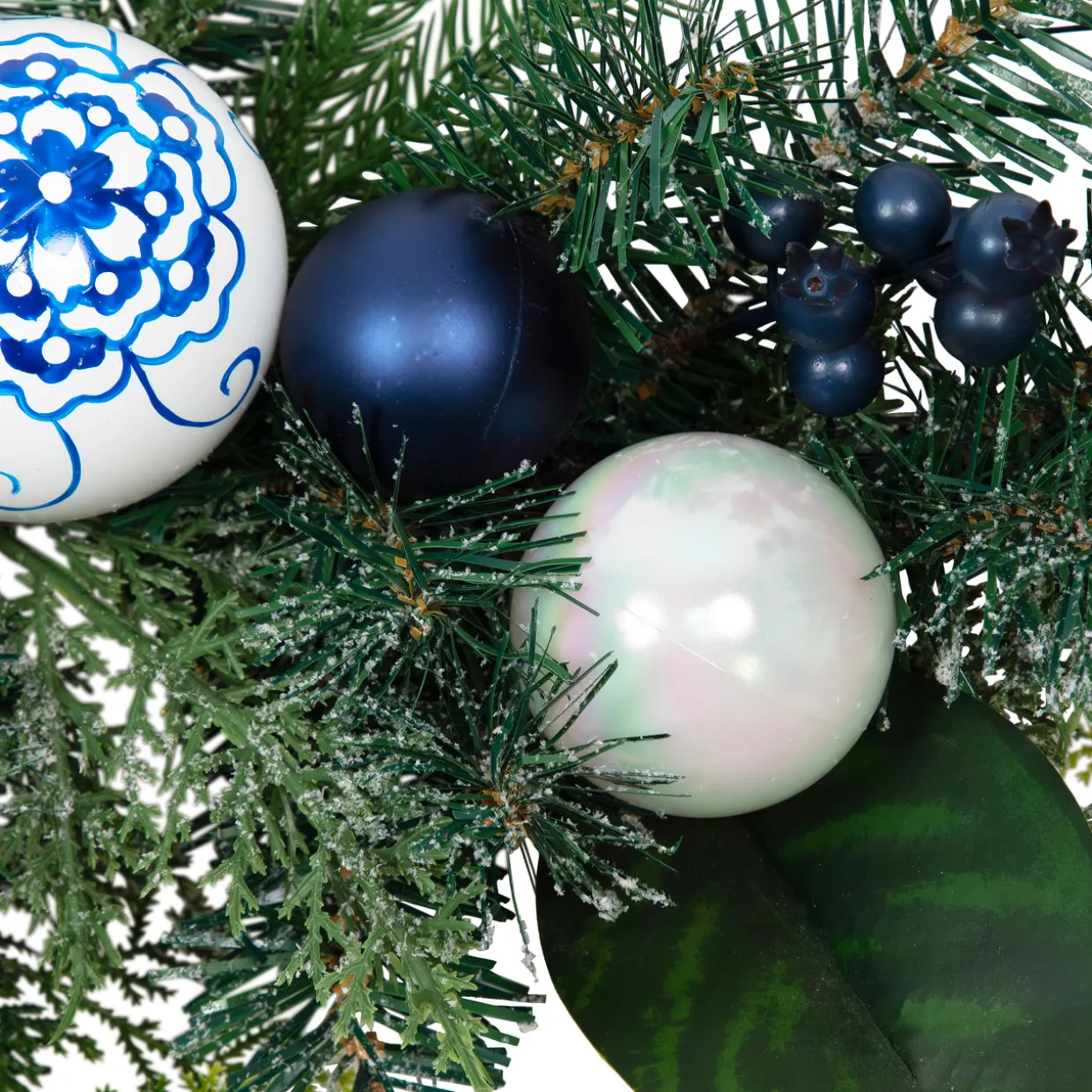 Frosted Pine with Blueberries, Bows and Ornaments Christmas Garland - 6' x 8" - Unlit