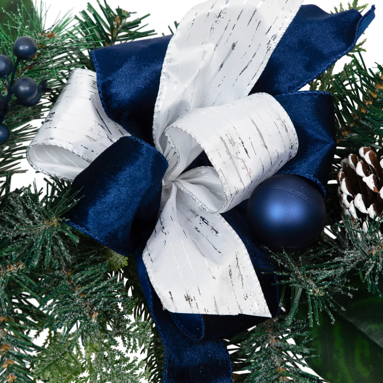 Frosted Pine with Blueberries, Bows and Ornaments Christmas Garland - 6' x 8" - Unlit