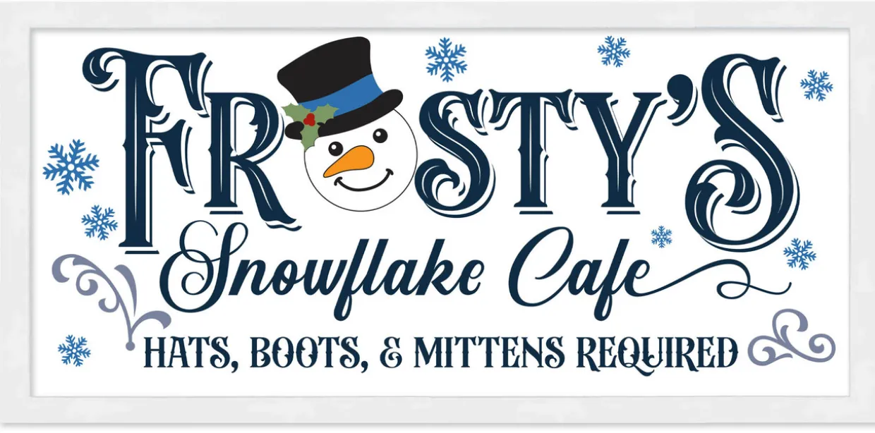 Frosty's Snowflake Cafe 8.5" x 17.5" Framed Christmas Wall Decor Art Print Sign Poster in a Natural Wooden Frame with UV Acrylic and Hangers