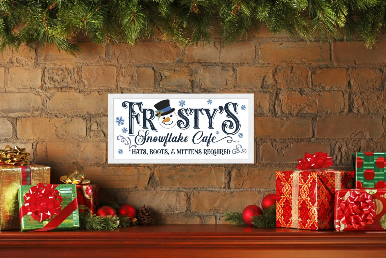 Frosty's Snowflake Cafe 8.5" x 17.5" Framed Christmas Wall Decor Art Print Sign Poster in a Natural Wooden Frame with UV Acrylic and Hangers