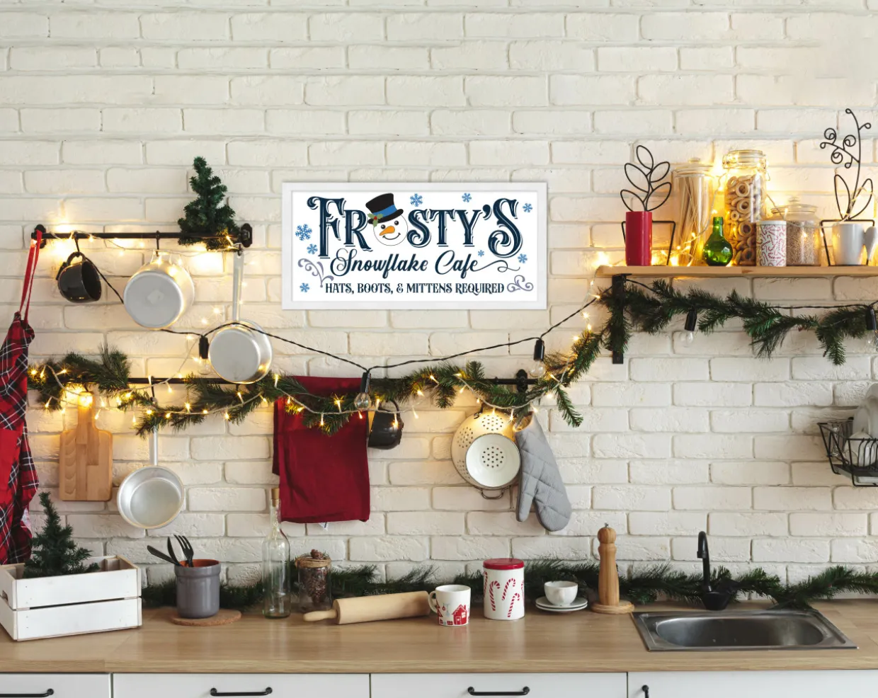 Frosty's Snowflake Cafe 8.5" x 17.5" Framed Christmas Wall Decor Art Print Sign Poster in a Natural Wooden Frame with UV Acrylic and Hangers