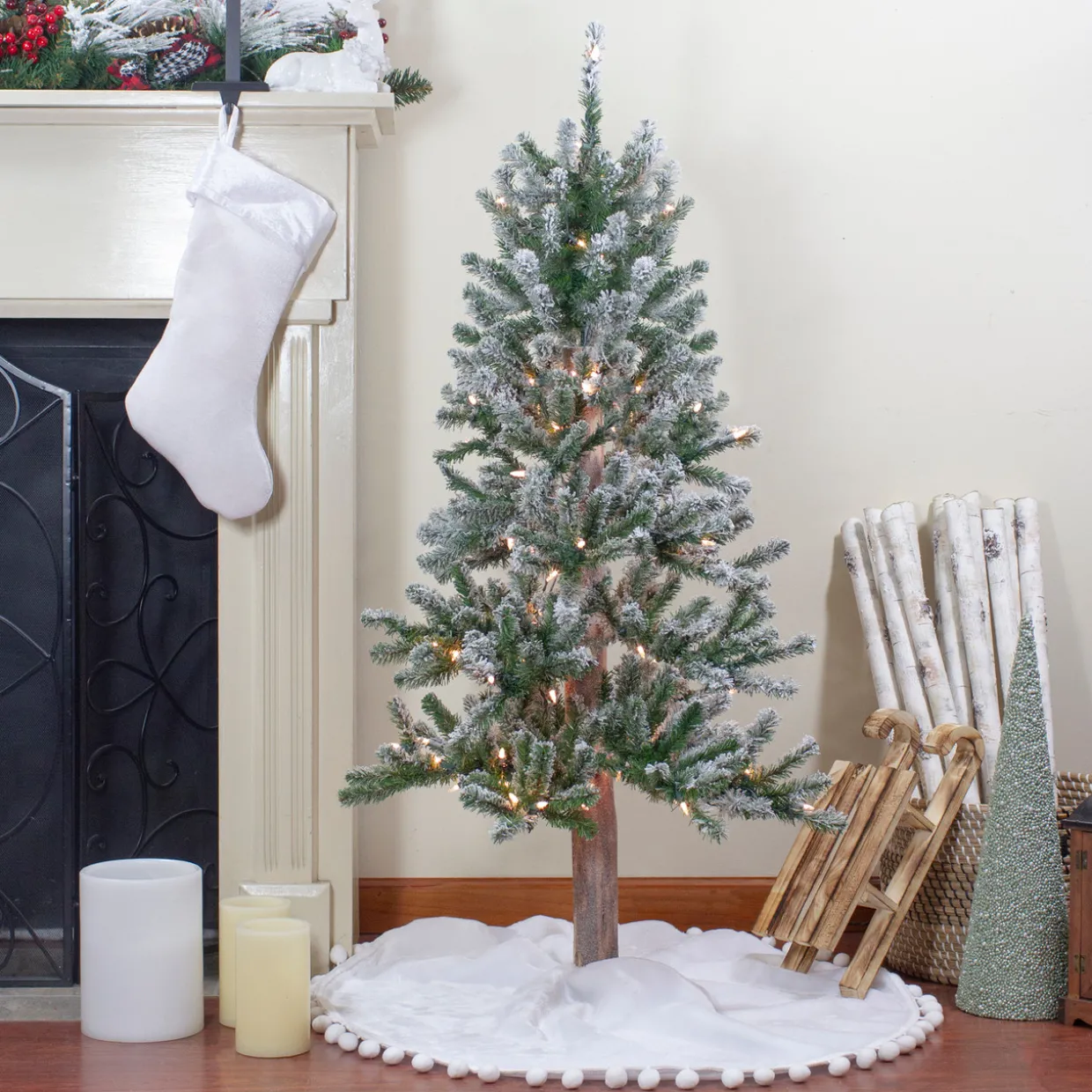 4ft Pre-Lit Flocked Alpine Artificial Christmas Tree, Clear Lights