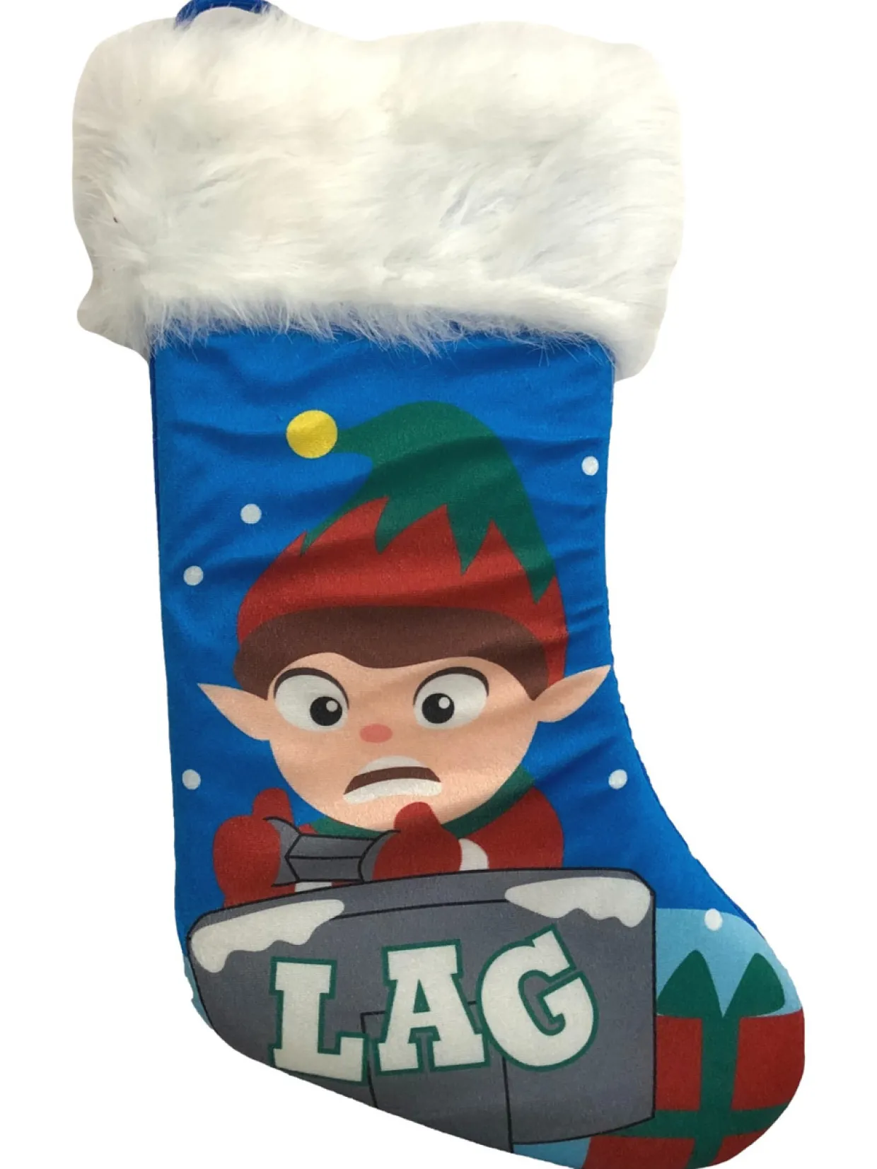 Fuzzy Blue Elf Video Gamer Lag Holiday Christmas Stocking