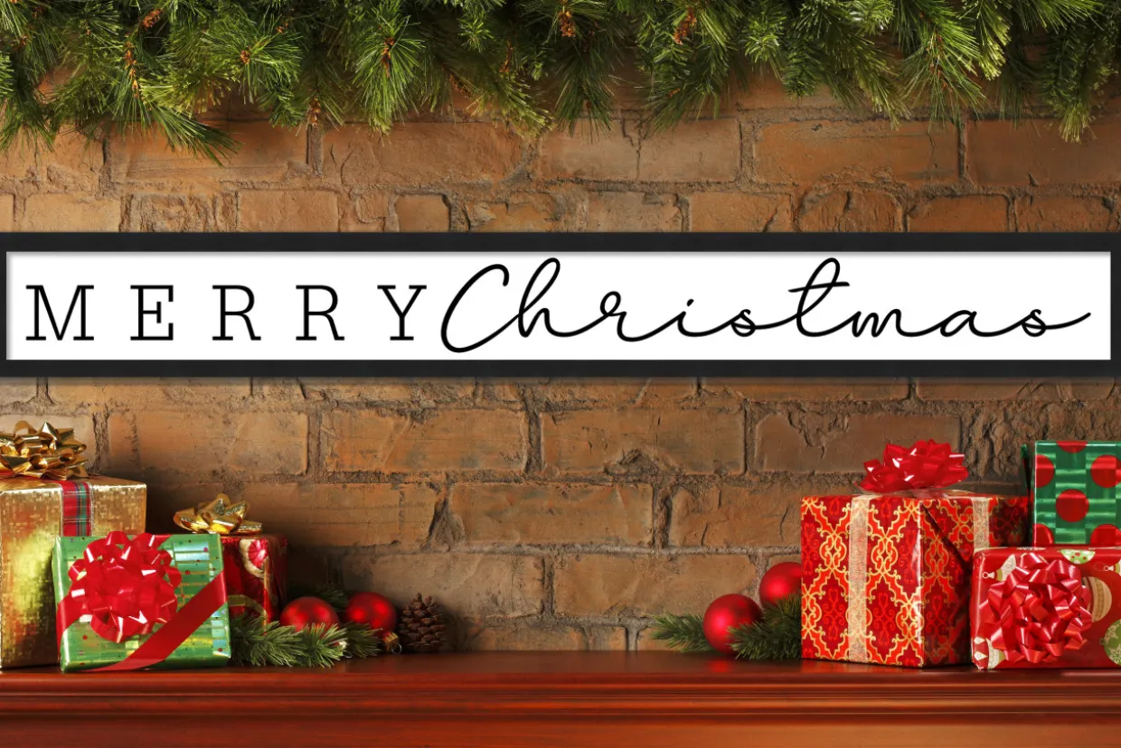 Giant Merry Christmas 6.5" x 49.5" Framed Christmas Wall Decor Art Print Sign Poster in a Black Wooden Frame with UV Acrylic and Hangers