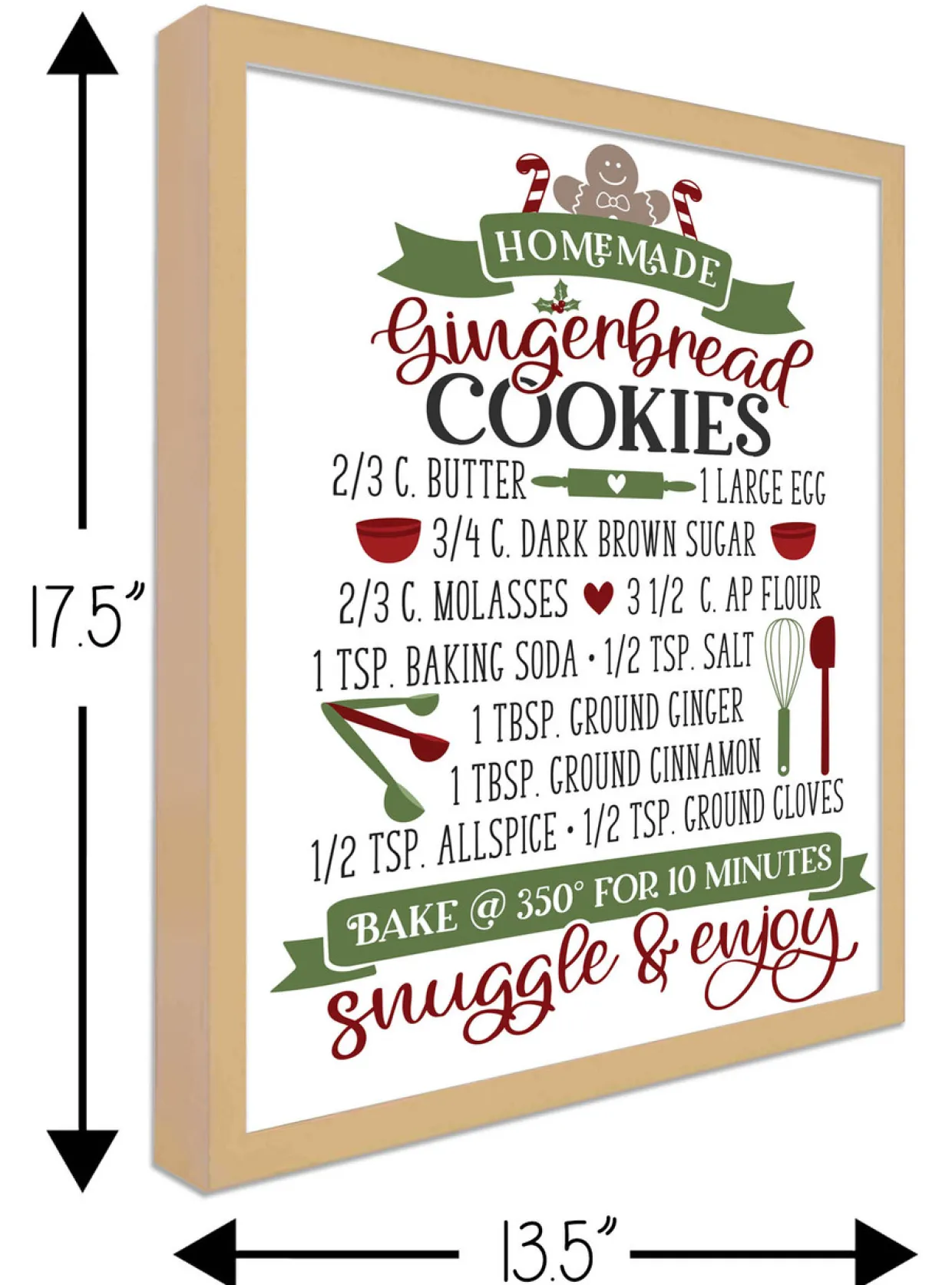 Gingerbread Cookie Recipe 13.5" x 17.5" Framed Christmas Wall Decor Art Print Sign Poster in a Natural Wooden Frame with UV Acrylic and Hangers
