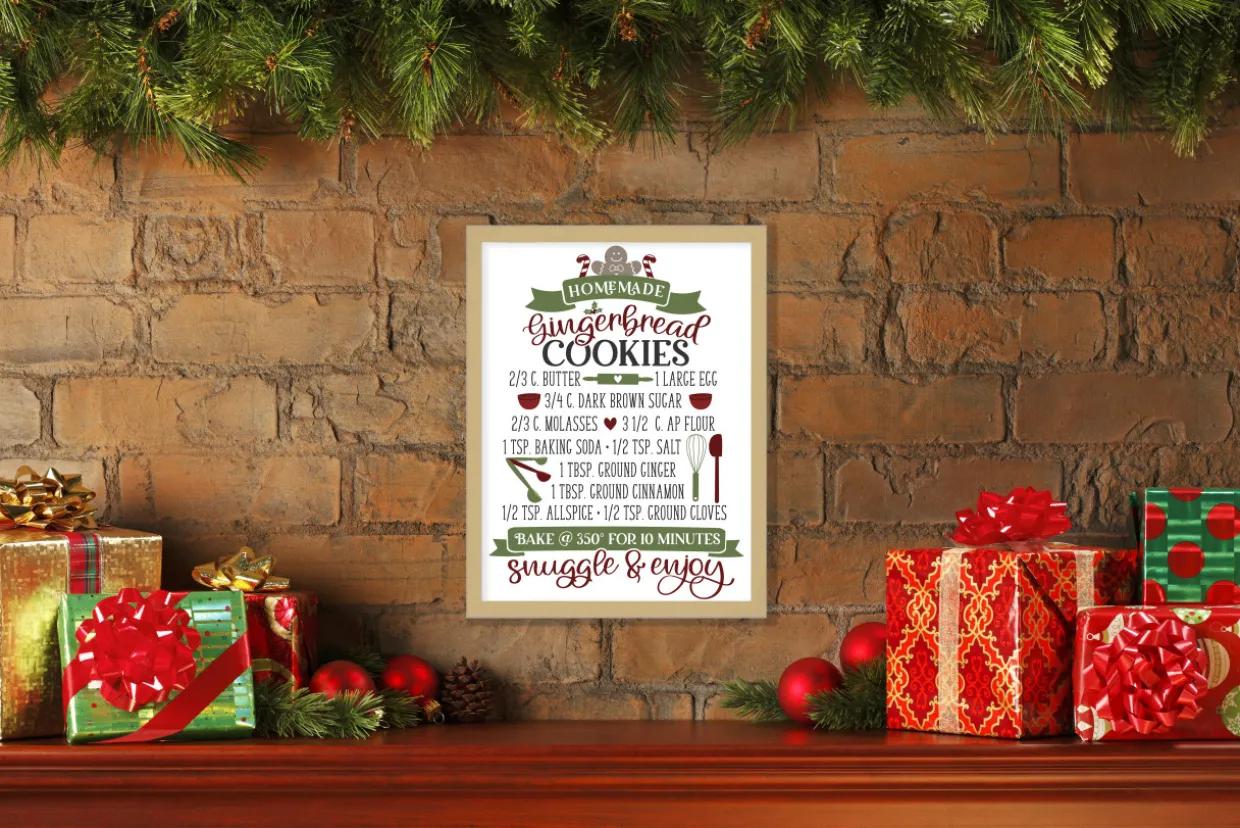 Gingerbread Cookie Recipe 13.5" x 17.5" Framed Christmas Wall Decor Art Print Sign Poster in a Natural Wooden Frame with UV Acrylic and Hangers