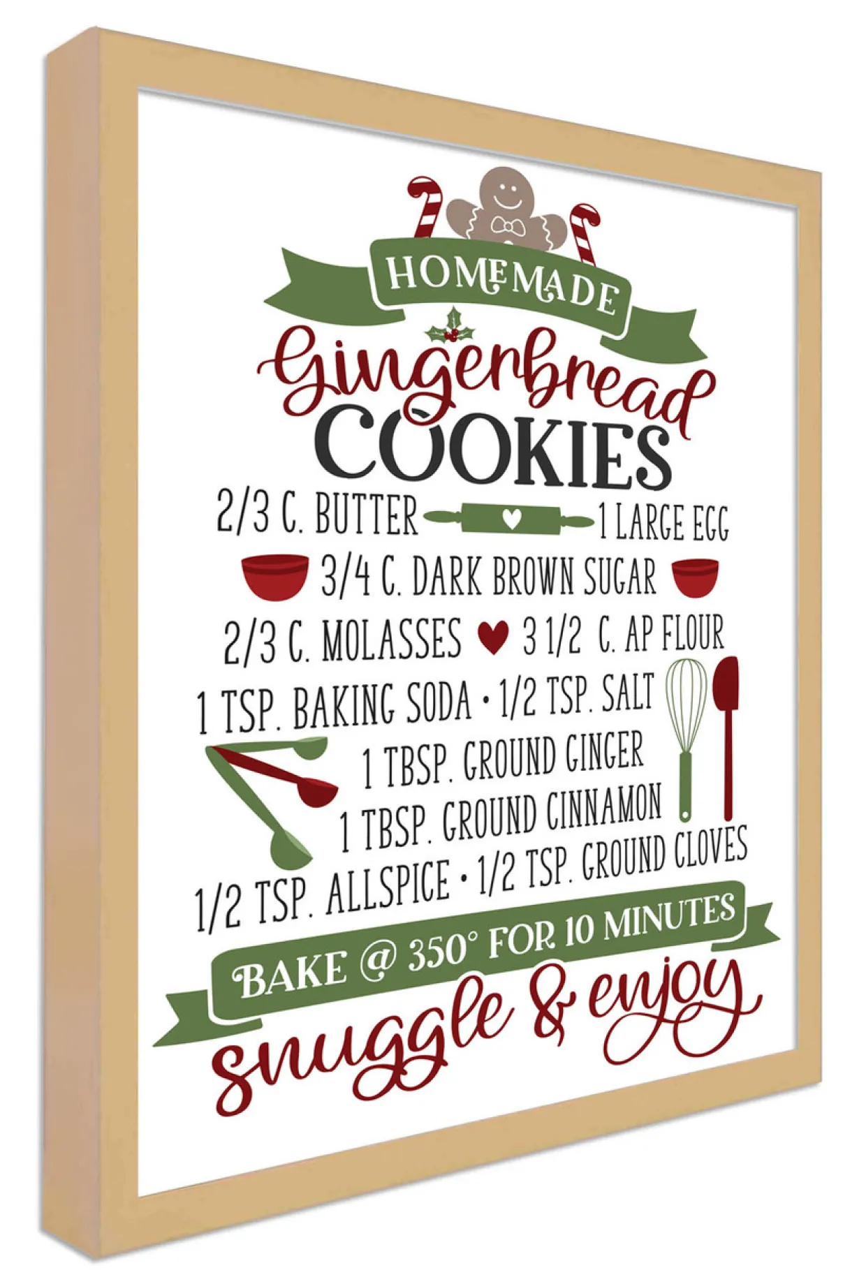 Gingerbread Cookie Recipe 13.5" x 17.5" Framed Christmas Wall Decor Art Print Sign Poster in a Natural Wooden Frame with UV Acrylic and Hangers