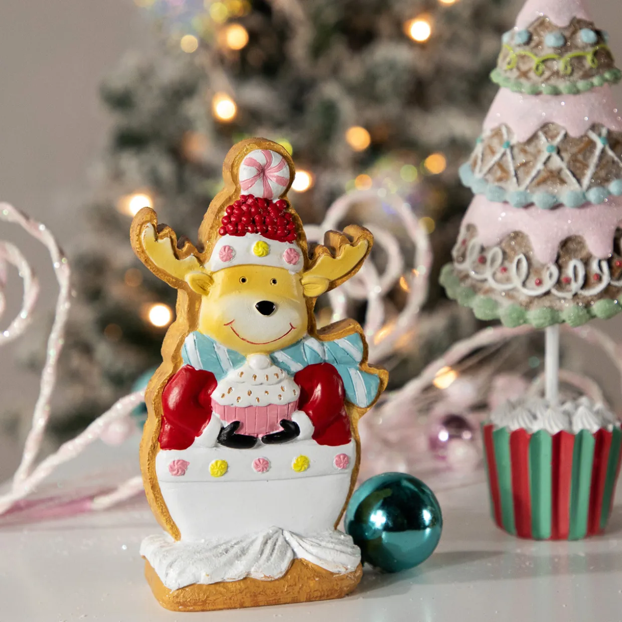 Gingerbread Reindeer with Cupcake Christmas Figurine - 7"