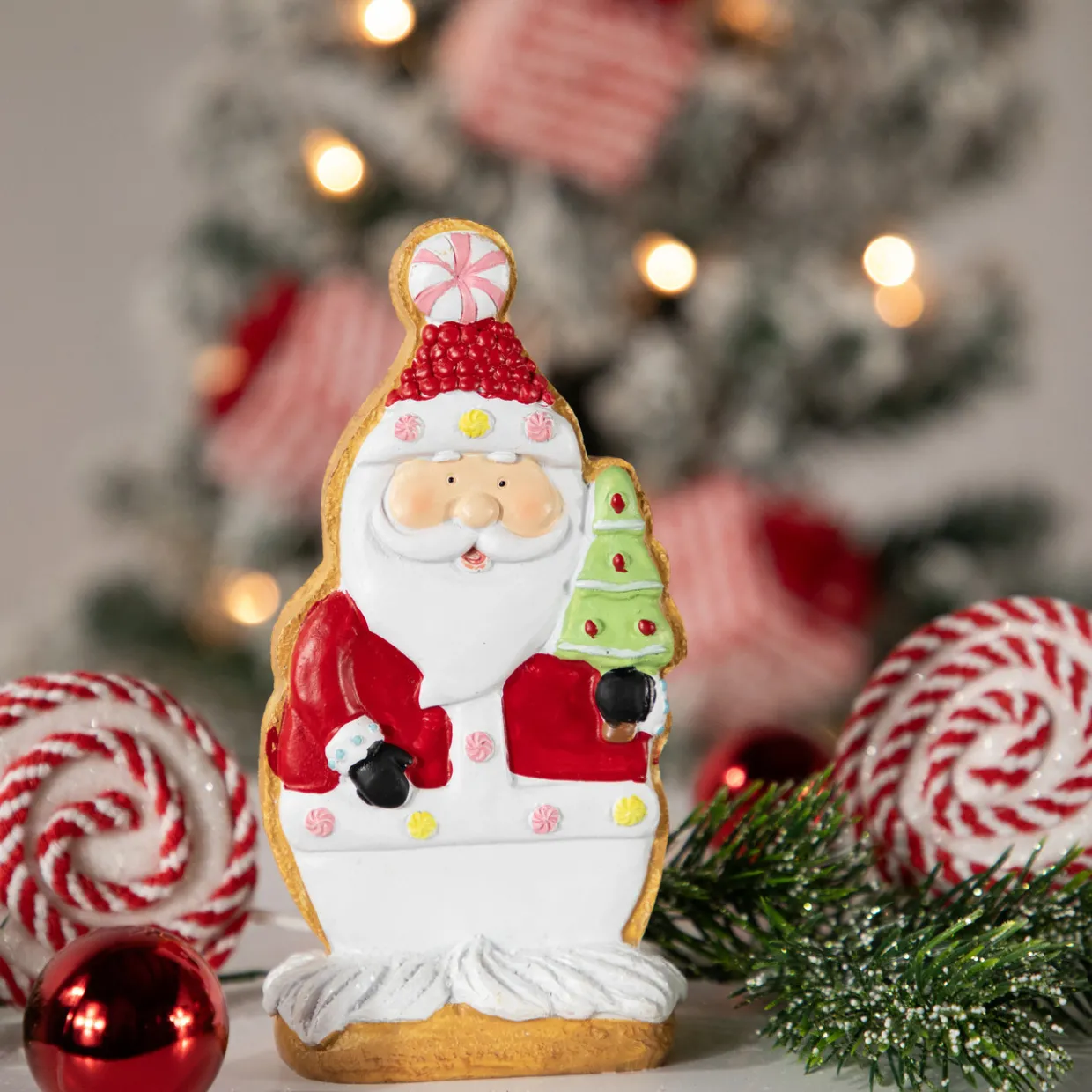 Gingerbread Santa with Tree Christmas Figurine - 7"