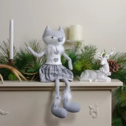 Girl Fox Sitting Christmas Figure with Dangling Legs - 22" - Gray and White
