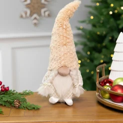 Girl Gnome in Faux Fur Hat Christmas Figure - 12" - Beige