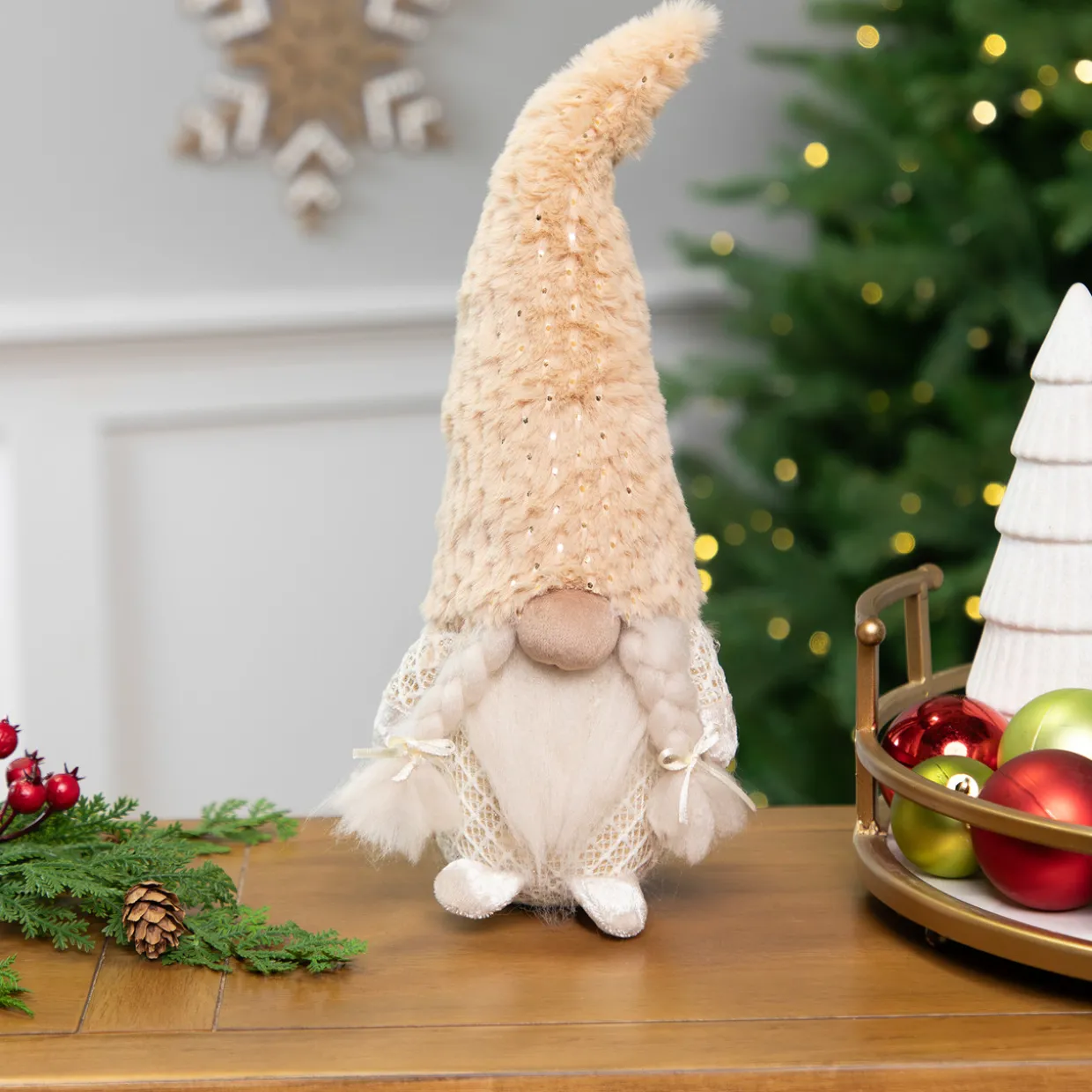 Girl Gnome in Faux Fur Hat Christmas Figure - 12" - Beige