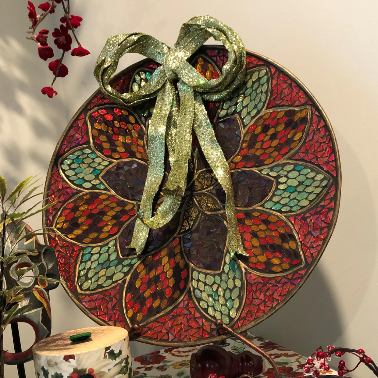 Glitter Drenched Christmas Bow Decoration - 16" - Gold and Green