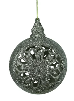 Glitter Drenched Seaweed Green and Silver Floral Cutout Christmas Ball Ornament 4.5" (115mm)
