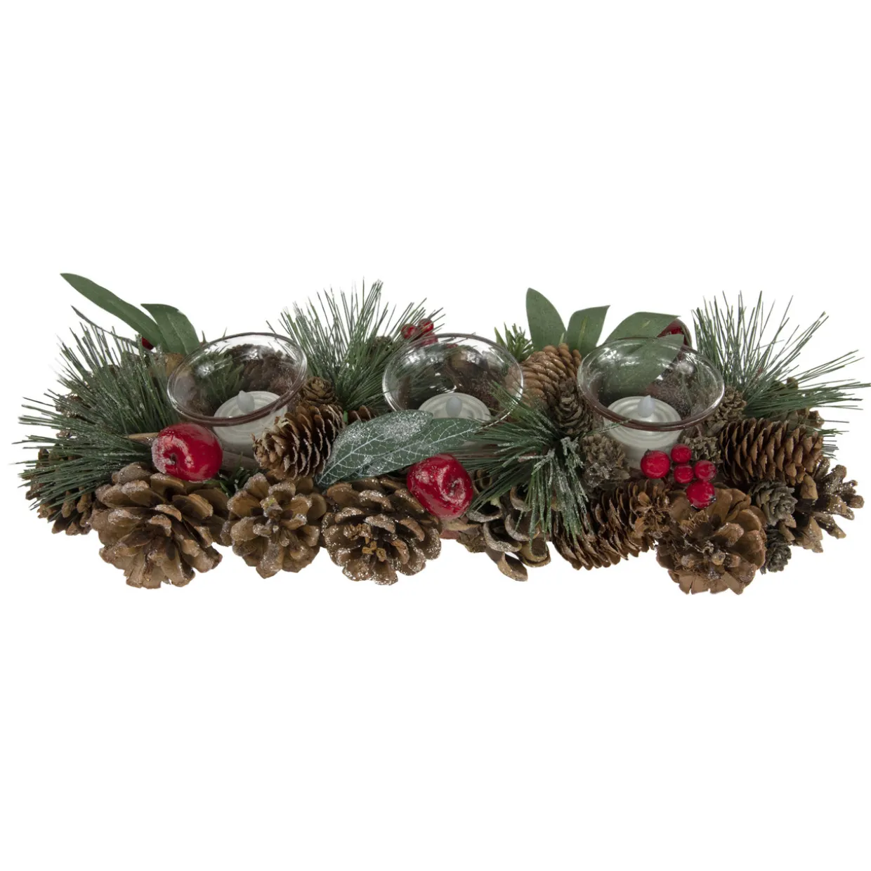 Glitter Pinecones and Red Berries Tealight Christmas Candle Holder - 15.25"