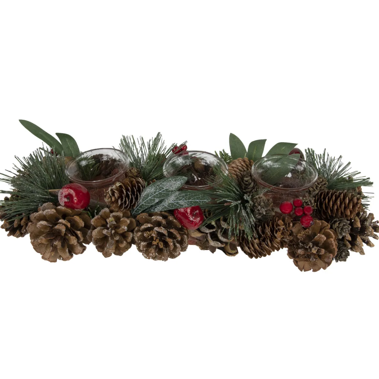 Glitter Pinecones and Red Berries Tealight Christmas Candle Holder - 15.25"