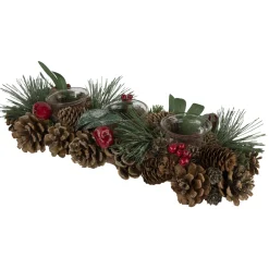 Glitter Pinecones and Red Berries Tealight Christmas Candle Holder - 15.25