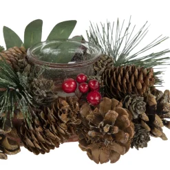 Glitter Pinecones and Red Berries Tealight Christmas Candle Holder - 15.25
