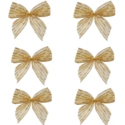 Glitter Striped 2-Loop Christmas Bow Decorations - 5.5" - Gold - Pack of 6